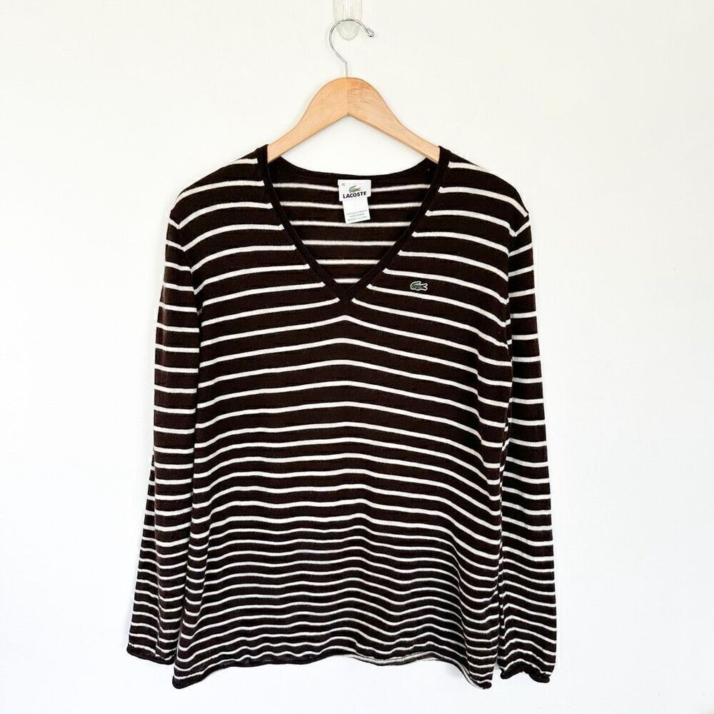 Lacoste Women’s New Wool Brown and White Stripe V Neck Sweater